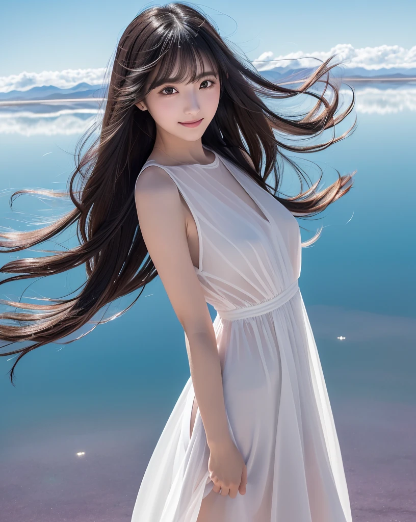 (highest quality, 32k, High resolution, masterpiece:1.5, ), internal_jet, god々Photos with radiant and healing powers., A sense of calm and elusive beauty, Expressing emotions, Have a rich imagination,Beautiful Japanese Girl, Very beautiful face, Small Face Beauty, Perfect Human Anatomy, ((Looking back low angle:1.2)), Magic big eye, Motherhood and generosity, deep love, A fleeting smile, ((Shiny brown hair:1.1)), ((Super Long Straight Silk Hair)), Asymmetrical bangs, Hair between the eyes, transparent, Soft white skin, Sharp eyebrows, Thin lashes, Natural Makeup, Cheek Highlighter, Pale pink lips, , ((White Dress:1.2)), High resolutionの完璧な鎖骨, High resolutionの美しい胸元, Slim figure and ample breasts, High resolutionの美しい太もも, ((Detailed blue sky background:1.3)), Dazzling Sun, Professional Lighting, Professional Photographer, Professional Model, god秘的