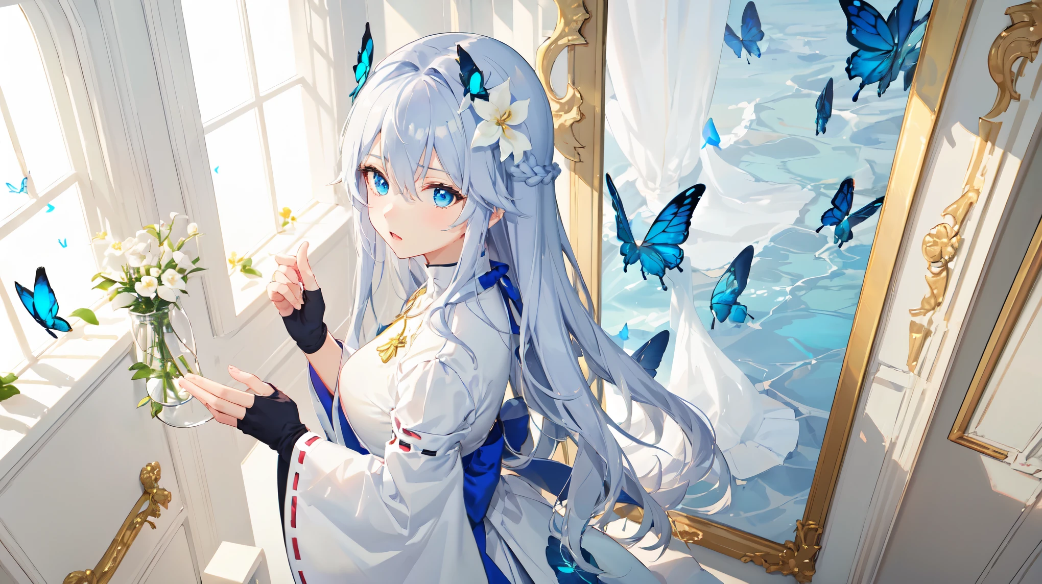 (view from above),dynamic angle,ultra detailed, illustration, close-up, Right on, 1 girl, (fantasy:1.4), (azure blue eyes:1.233),Her eyes shone like Dreamy stars,(Brilliant eyes:1.233),(Beautiful and detailed eyes:1.1),(silver hair:1.14),(dirty hair,Very long hair,french braid,hair between eyes,sidelocks), (+(bule hair flower:1.14)),(chiffon dress,Bule floral pattern in uniform)/=(military uniform:1.24),(cut off sleeves,wide sleeves),(fingerless gloves),necklace,(Miko in stockings),high heel boots,(inexpressive,closed mouth),(standing), (Classic princess boudoir with dressing table and french window in a white antique palace),(White flowers,blossom),(bottomless sea),(flowing water),(dull blue world tree:1.14),(ruin),(night:1.2),Dreamy,soul,(Fluorescence),(flying translucent blue butterflies:1.15), [[gentle fingers and hands:0.55]::0.85],(detailed fingers),(Ubao:0.5),