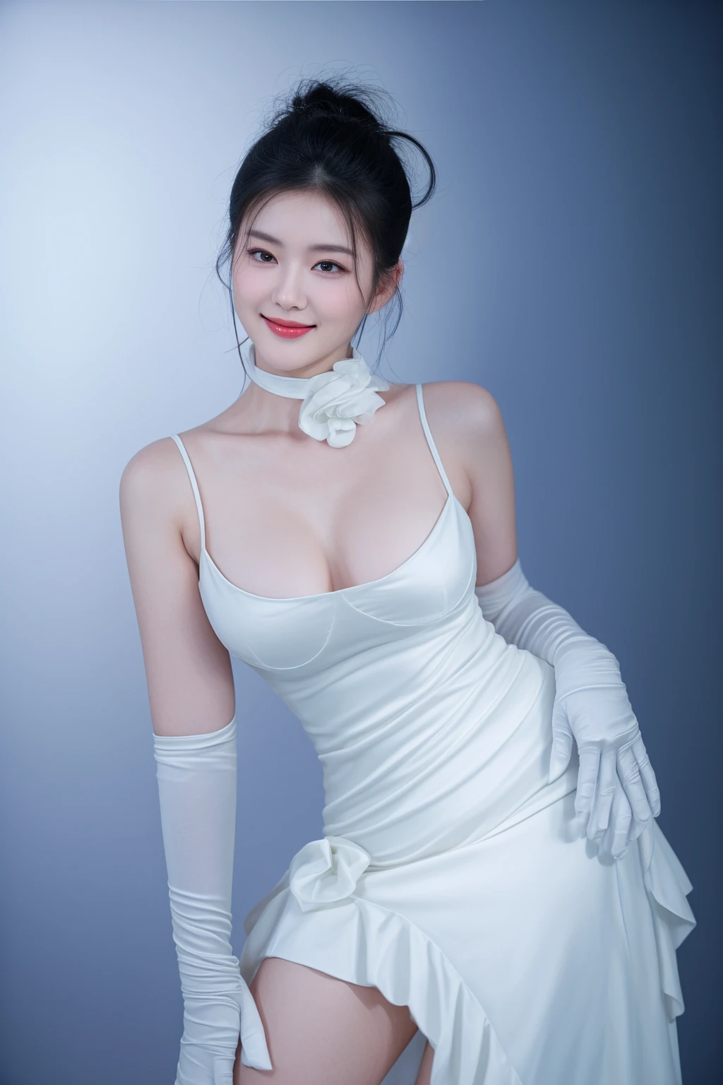 there is a woman in a white dress posing for a picture, a beautiful woman in white, elegant glamourous cosplay, elegant smiling pose, white gown, with an elegant smile, dressed in a beautiful white, gorgeous chinese model, an asian woman, sexy gown, elegant japanese woman, lovely woman, elegant lady with alabaster skin, wearing white dress, wearing long gown