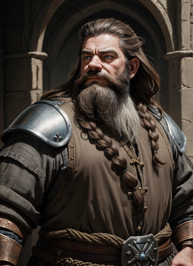 Dwarf in full grey armor, medieval fantasy dwarf, stark, plumpness, with light brown hair and a long braided beard, wearing full plate armor, a mad look, fully body, standing alone, fancy, Dwarf Medieval RPG, Closeup portrait of a dwarf with a braided beard, Dwarf braided beard, 4 k image, 超A high resolution, inside royal dwarf hold, High details, best qualityer, 16K, [ultra detaild], master part, best qualityer, (extremely detaild), fully body, photorrealistic, arte de fancy, Arte de RPG, d&d art, an image of a dwarf in his hold (intense details, best qualityer), dwarf male fantasy (intense details, master part, best qualityer),(intense details, master part, best qualityer), brown hair, dynamic blue eye color, Ultra Detailed Face (intense details, master part, best qualityer), long beard, brown beard