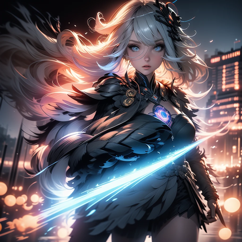 3D impressionist illustration, Masterpiece, low Contrast, A Russian girl in her early 20s with ash grey hair, Ultra-near-future weapons, Full body portrait, running, Uplifting, A futuristic city in the background, Gorgeous, A night view smattering with brilliant colors