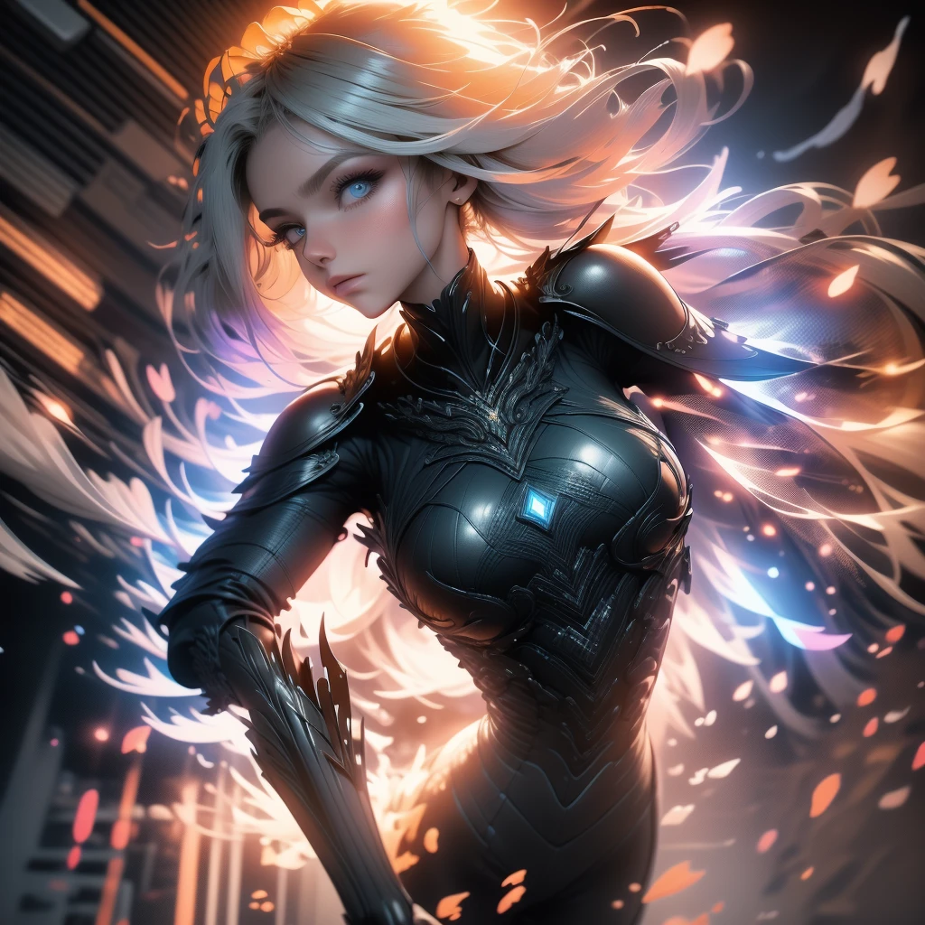 3D impressionist illustration, Masterpiece, low Contrast, A Russian girl in her early 20s with ash grey hair, Ultra-near-future weapons, Full body portrait, running, Uplifting, A futuristic city in the background, Gorgeous, A night view smattering with brilliant colors