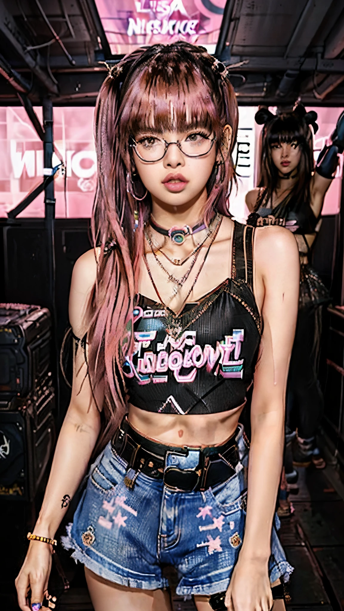 1 woman,cowboy shot,anime, ((((lisa blackpink))), cyber punk ,a woman with glasses and a necklace on her neck, brown skin,bella poarch, charli xcx,Tongue sticks up lips,cyber punk, smooth in _ the background, madison beer as leeloo