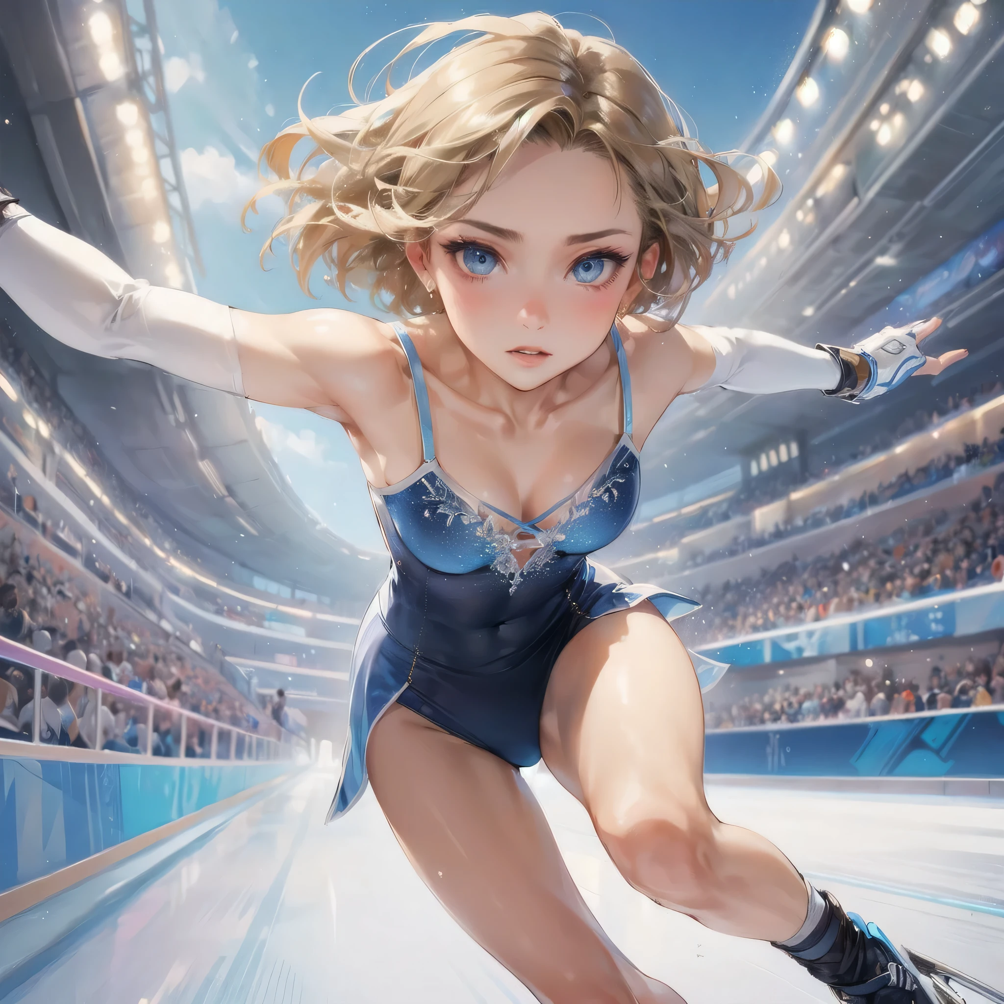 masterpiece, (textured skin), best quality, gorgeous beautiful girl, (a female figureskate athlete), detailed clothes,large breasts,narrow waist,, (beautiful face), cinematic lighting, (at figureskate venue ),