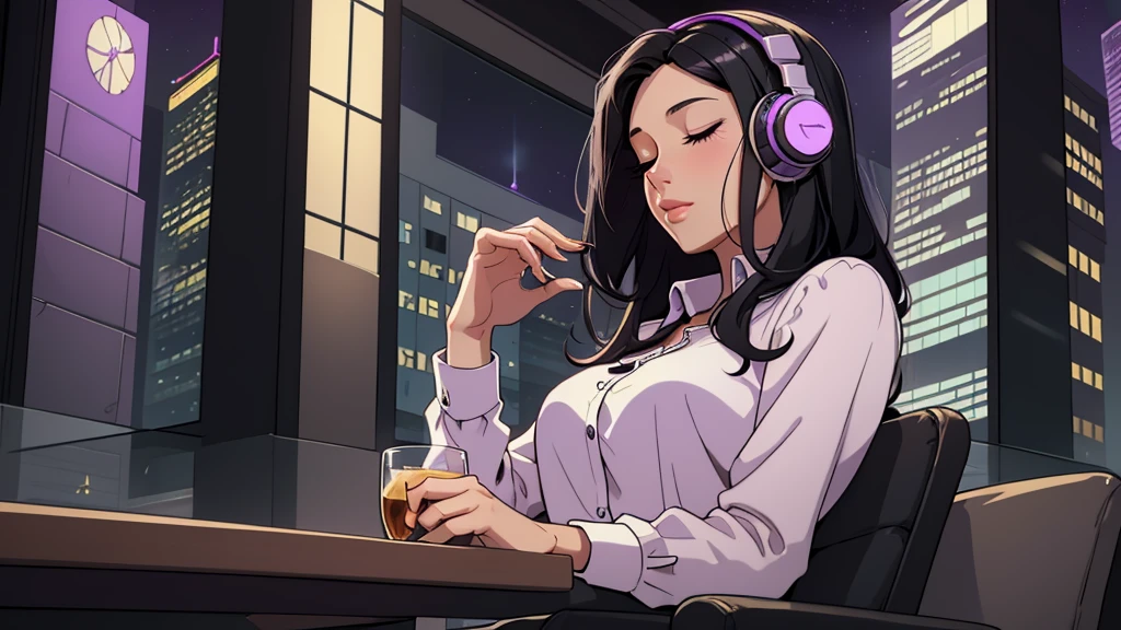 Beautiful woman in her 30s with black hair is sitting with headphones on the cafe terrace. Looking down, eyes closed, LOFI girl, alone in the room, blouse, cozy wallpaper, relaxing mood, night core, cozy, wide glass window with skyscrapers, outside view at night, only five fingers, purple wall, European cityscape