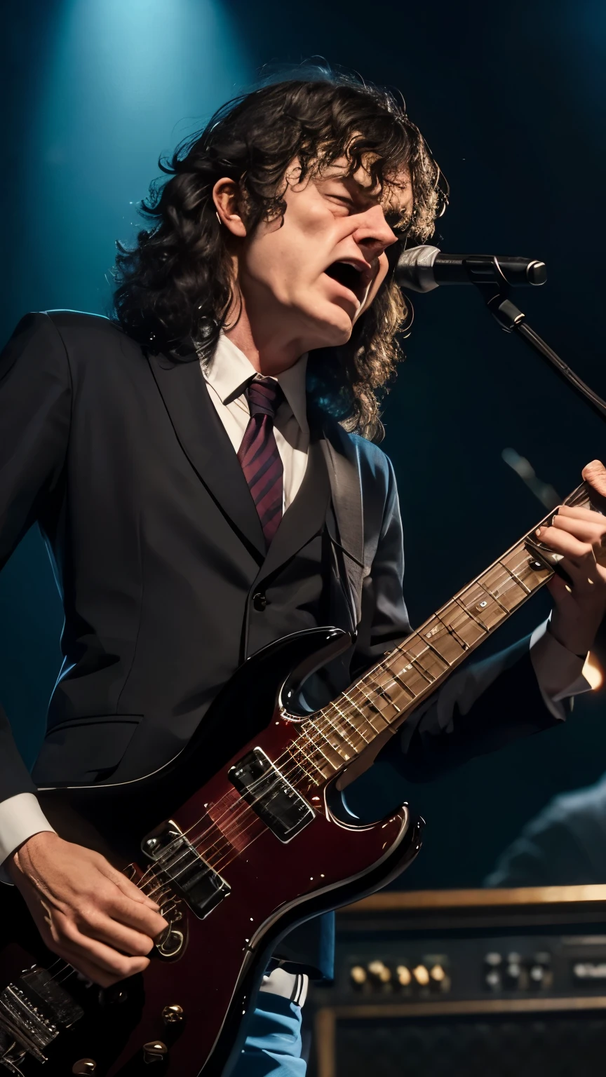 Descreva Angus Young em close-up, showing his concentrated, sweaty face as he plays a sweeping guitar solo, with the ecstatic audience in the background, their dark silhouettes against the glare of the spotlight.