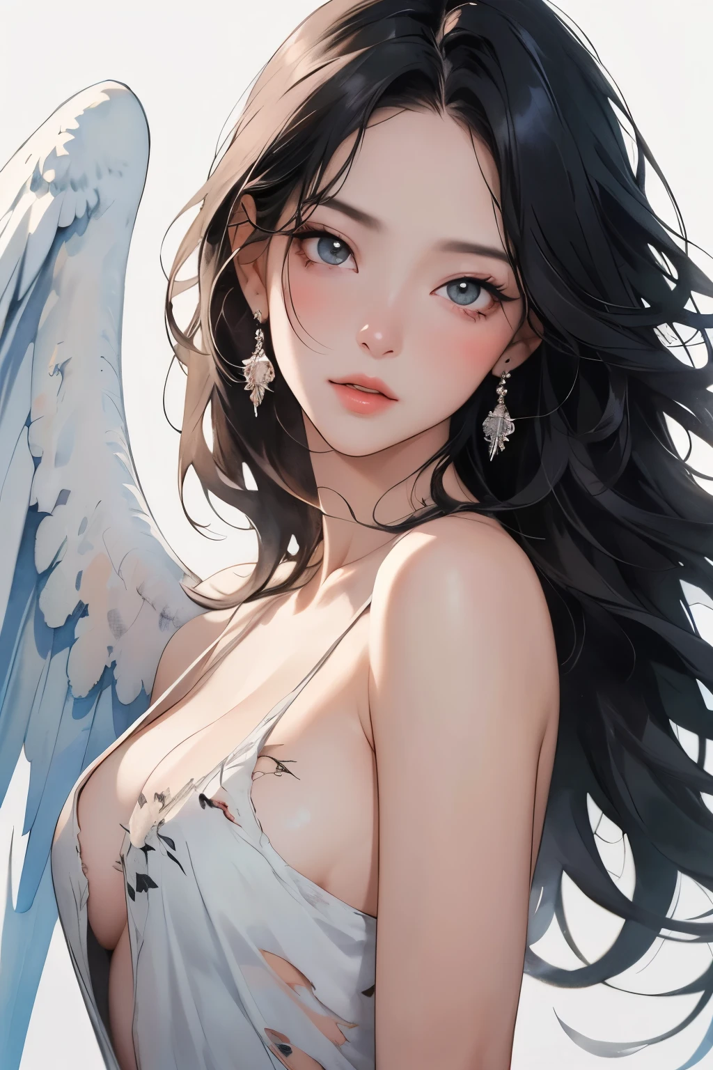 (Highest quality、High resolution、masterpiece)、(Realistic)、1 person、Angel with Broken Wings、(Tattered Wings:1.4)、Sexy and cute、Tired look、Beautiful Face、 (Exquisite beautiful eyes)、(length)、Black Hair、  Beautiful Hair、Shiny Hair、Skin Texture、Moisturized Skin、Cinema Lighting、Realistic lighting、Backlight、Ray Tracing、(White Background)、(No background)、(Watercolor of singer Sargent)、