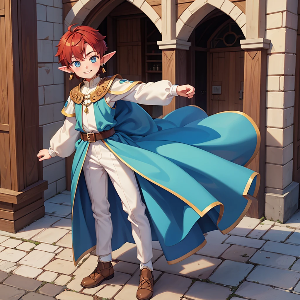 Beautiful, high quality, a 14 years old elf boy, 4'6 height, twink body, blue eyes, cute face, earrings, auburn hair, looking at the camera, smiling, wearing a boy  medieval style clothes, stand in a middle of street of medieval city
