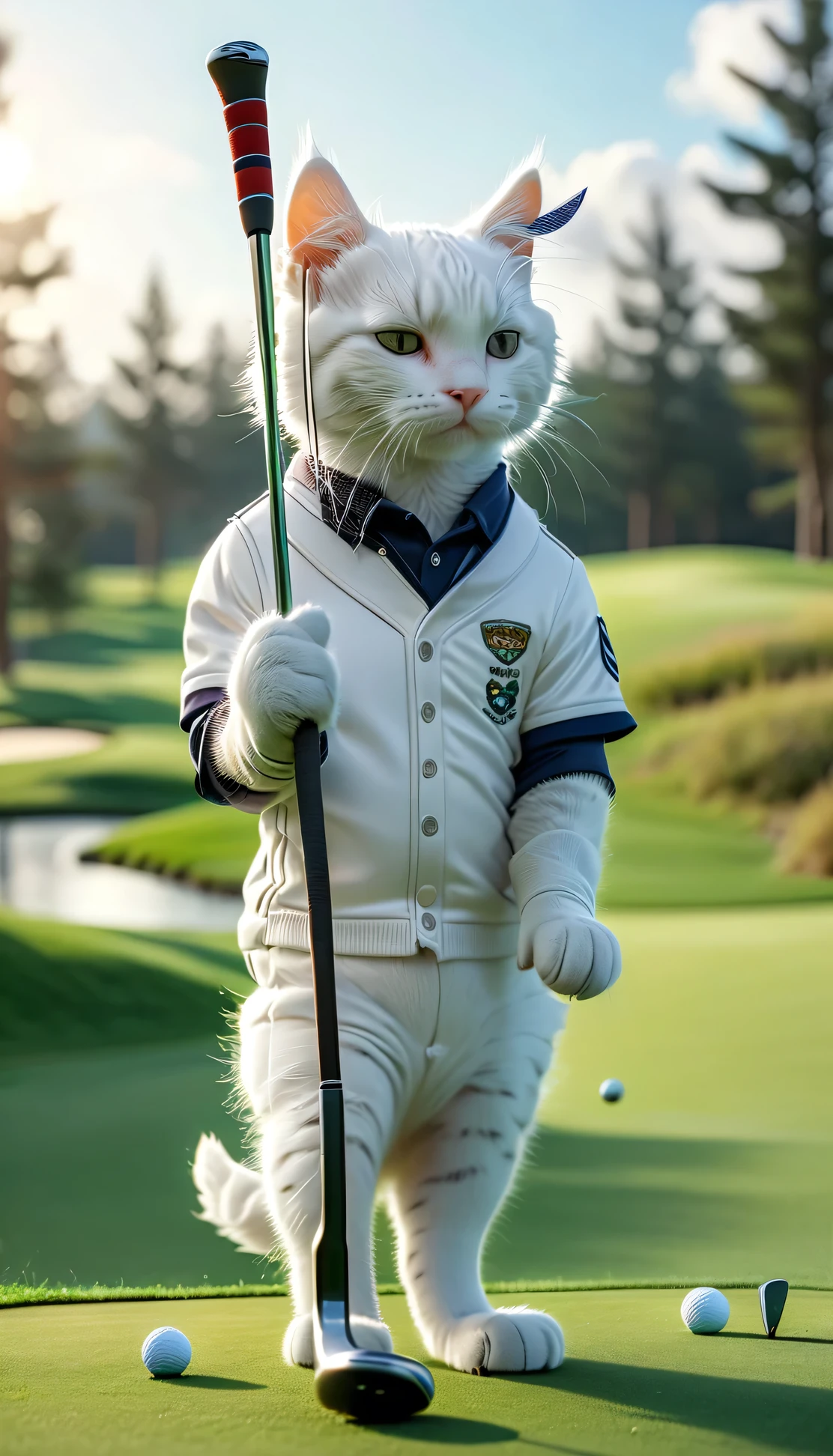 ((8K)), highest quality, 超High resolution, (High resolution)、A white cat wearing golf attire at a golf course, swinging a club while wearing white gloves.