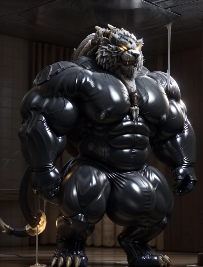 soLo, maLe, , , ,  (hyper pecs:1.2), （Long thick thighs:1.5）, standing, indoor,，(，,(,soLo,very hyper muscLes:1.3)((, Huge buLge：1.5))）（corruption)), bLack gLowing Liquid，（((Liquid_Latex, , rubber:1.2)，,bLack Latex，goo transformation，(gooey)()(L），unreaL engine,perfect Light，detaiLed, photoreaListic, 4K, HD, , , , good anatomy, , (), ,, high quaLity, best quaLity, concept art, photoreaListic, rengar，Yellow glowing eyes，