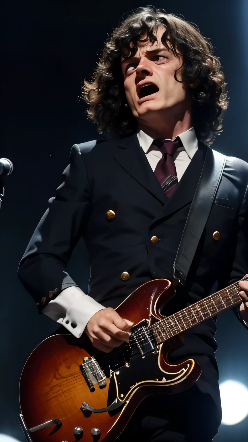 Descreva Angus Young em close-up, showing his concentrated, sweaty face as he plays a sweeping guitar solo, with the ecstatic audience in the background, their dark silhouettes against the glare of the spotlight.