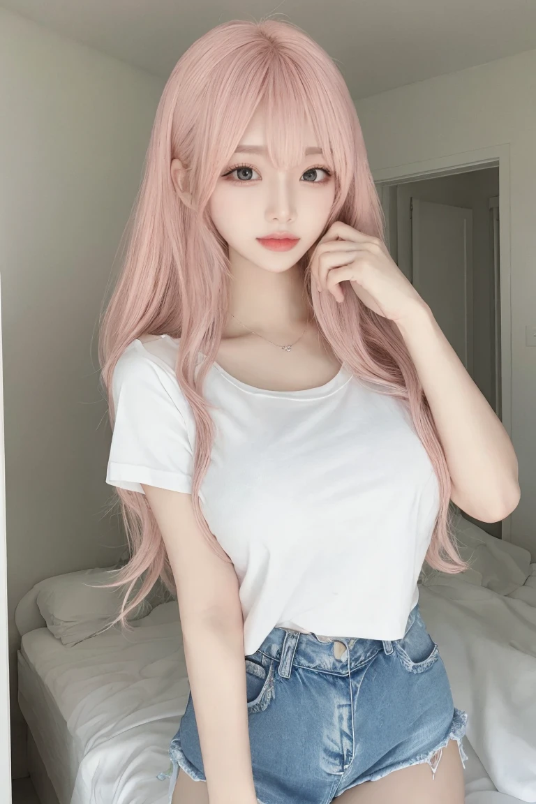 Pink Hair、masterpiece、Highest quality、Extremely detailed 8K、Ultra HD、Very detailedな、Very detailed、Very realistic、Photo Real、Japanese、One Girl、High head rate、Beautiful realistic face、Realistic face in every detail、High detail, Realistic Hair、Beautiful and realistic hairstyles、Beautiful and realistic eyes、hVery detailed realistic eyes、Proportional eyes、HVery detailed pupils、Very detailedリアルな自然な眉毛、Very detailedリアルな唇、 Beautiful and realistic lips、Pink lipstick、Sexy lips、Realistic and well-proportioned breasts、Realistic medium sized breasts、Slim Abs、Very detailed皮膚、Upper body image、White Chibi T-shirt:1.1、Denim shorts、Standing in a room