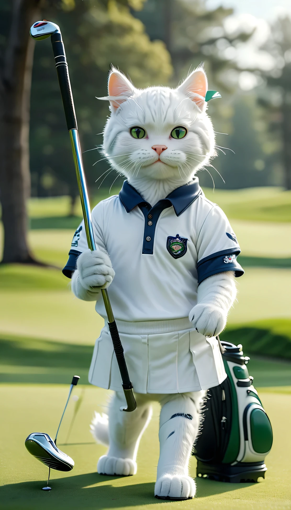 ((8K)), highest quality, 超High resolution, (High resolution)、A white cat wearing golf attire at a golf course, swinging a club while wearing white gloves.