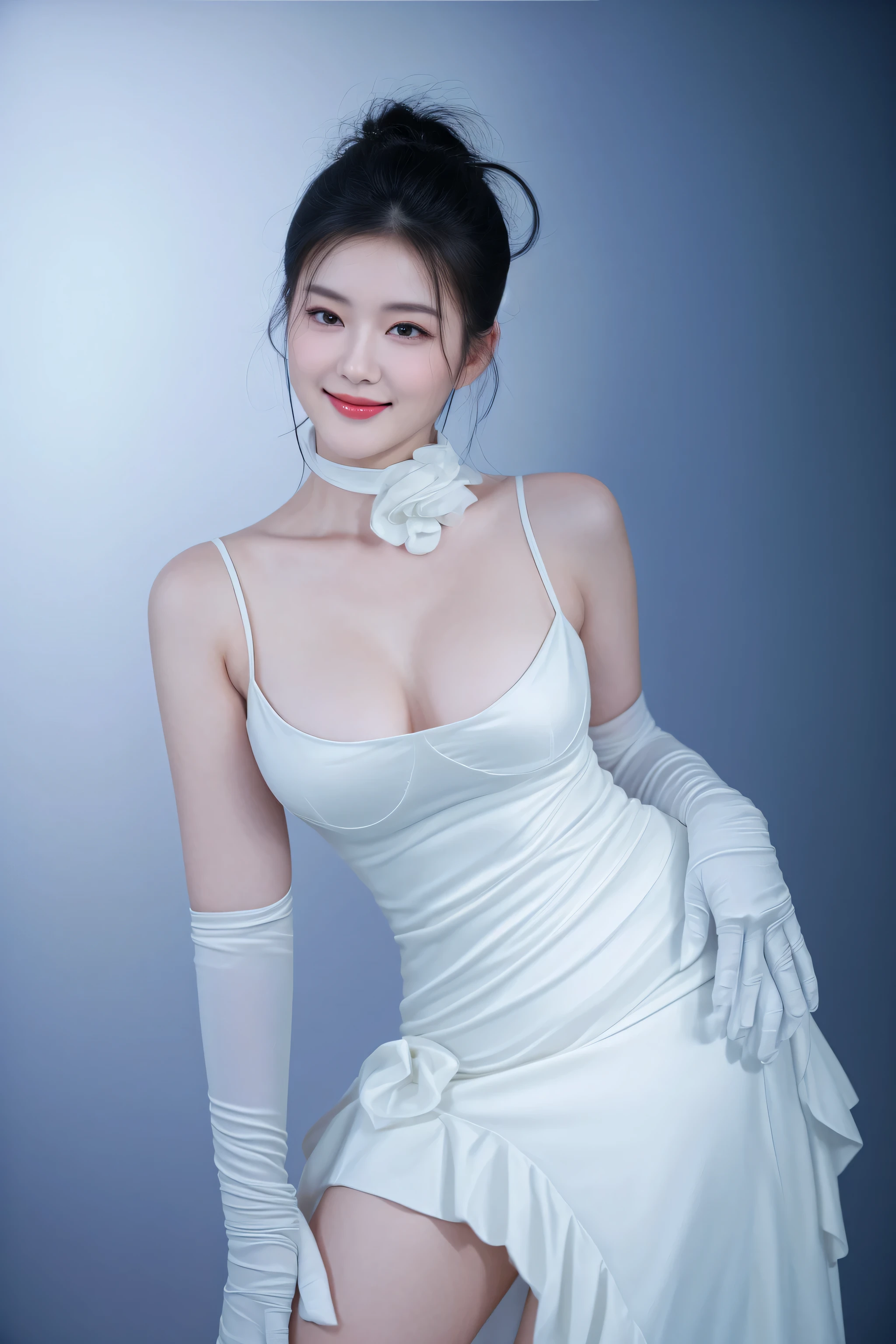 there is a woman in a white dress posing for a picture, a beautiful woman in white, elegant glamourous cosplay, elegant smiling pose, white gown, with an elegant smile, dressed in a beautiful white, gorgeous chinese model, an asian woman, sexy gown, elegant japanese woman, lovely woman, elegant lady with alabaster skin, wearing white dress, wearing long gown