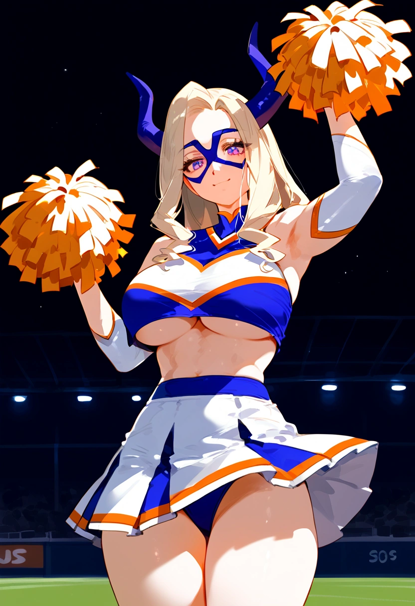 anime artwork, score_9, score_8_up, score_7_up, score_6_up, score_5_up, score_4_up, Mount Lady, blonde hair, purple eyes, big breasts, she is 24 years old, style_3, ,,,  , , ,black background , _, standing, cheerleader, skirt. underboob