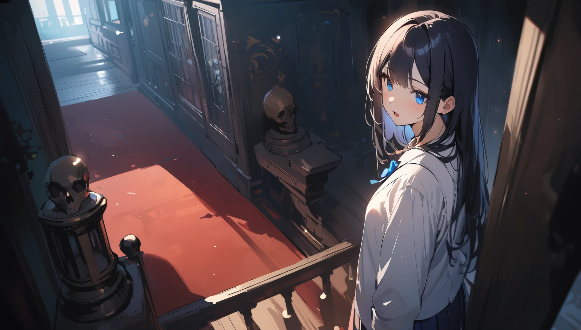 BREAK 1 girl, long hair, black hair, straight hair, short bangs above brows, blue eyes, expressionness, open mouth, (looking away:1.2)
BREAK (masterpiece), (high resolution 8K), cinematic lighting, professional lighting, detailed eyes and face, detailed body,
BREAK white shirt, blue bowtie, pleated skirt,
BREAK very wide, panorama view, sense of depth, shot from front,
BREAK skull gargoyle statue, spooky wall clock, in dark shadow room, large bird cage, from above, red carpet, big old mirror,