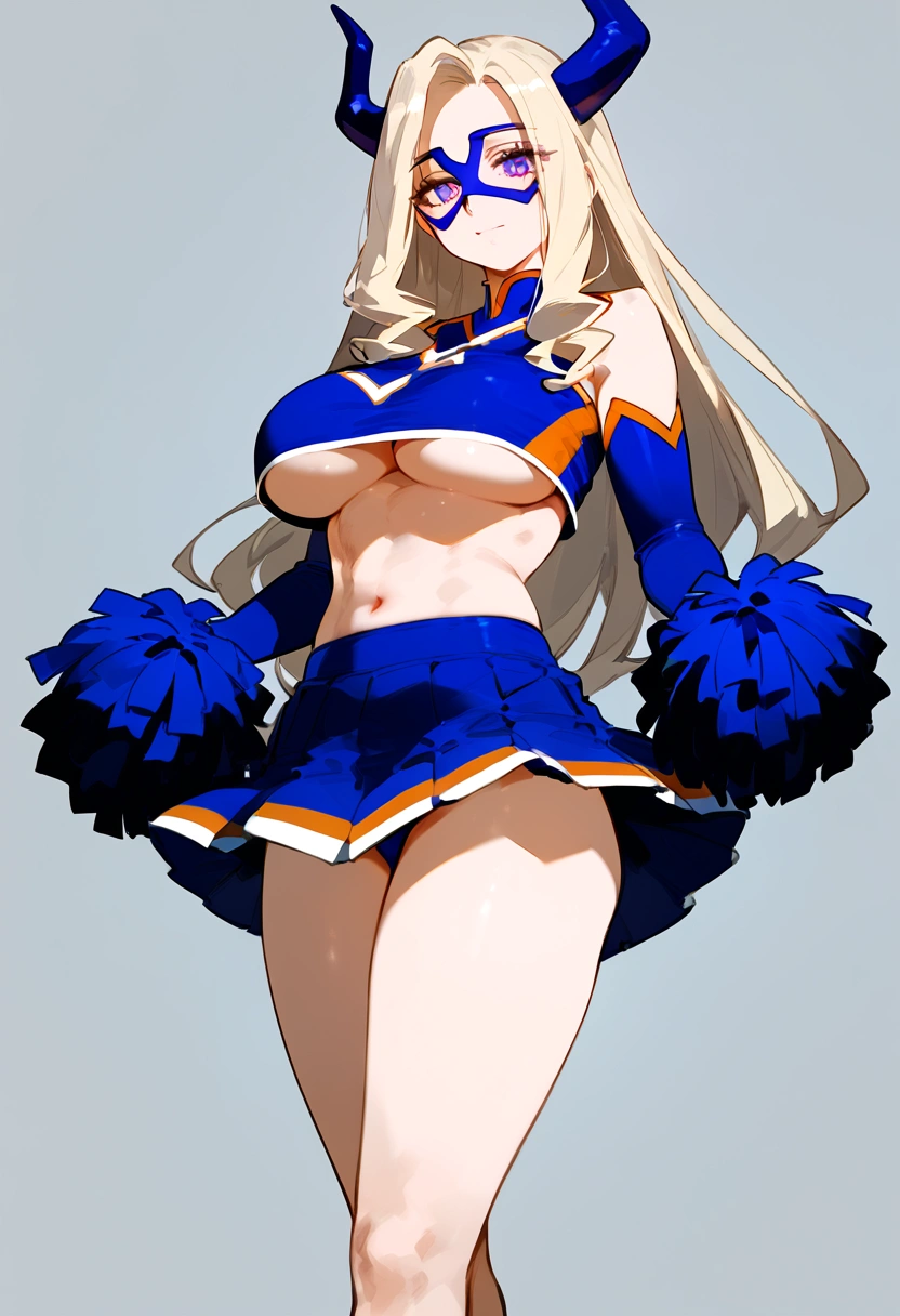 anime artwork, score_9, score_8_up, score_7_up, score_6_up, score_5_up, score_4_up, Mount Lady, blonde hair, purple eyes, big breasts, she is 24 years old, style_3, ,,, , , ,grey background , _, standing, cheerleader, skirt. underboob