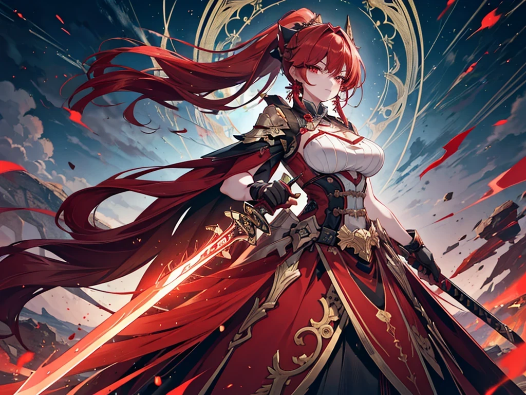 Anime style painting, Aurora, Heavy makeup, Holding a sword, An illustration, Calm expression, Perfect hands, elder, Redhead, Dignity at 50, ほろ酔いのwoman, alone、masterpiece、Highest quality、(Babes)、Fractal Art、Red eyes、Narrow eyes、Black and red dress, Reddish lips、From the shoulders up、Serious face、一人のwoman、{{{Red Long Ponytail}}}, Curly Hair, Red eyes,Golden accessories, alone, Big Breasts, woman, Take-out, Provocative laughter,40 year old woman,Queen of Sadism, Perfect Human Medicine,Acheron, Estilo Genshin Impact, Combat pose, Very detailed, High resolution, whole body, Sword Rain Red, Black Hole Red