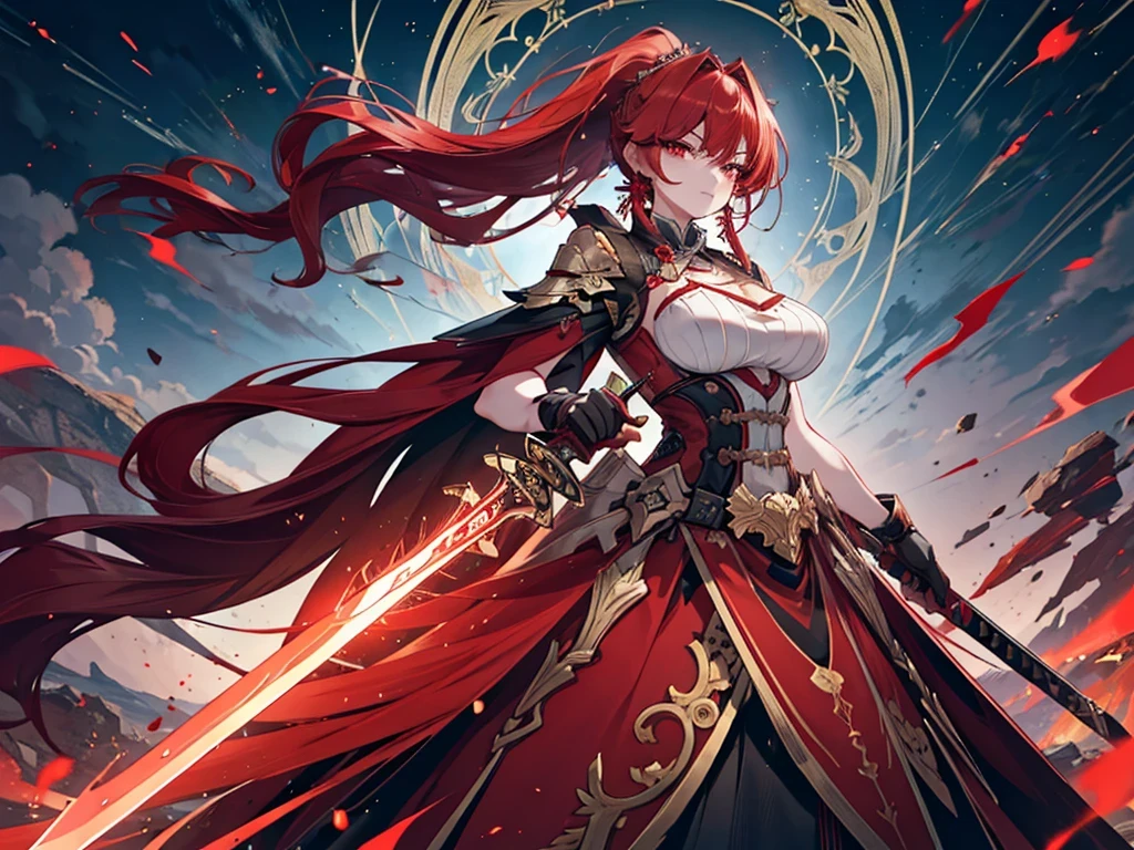 Anime style painting, Aurora, Heavy makeup, Holding a sword, An illustration, Calm expression, Perfect hands, elder, Redhead, Dignity at 50, ほろ酔いのwoman, alone、masterpiece、Highest quality、(Babes)、Fractal Art、Red eyes、Narrow eyes、Black and red dress, Reddish lips、From the shoulders up、Serious face、一人のwoman、{{{Red Long Ponytail}}}, Curly Hair, Red eyes,Golden accessories, alone, Big Breasts, woman, Take-out, Provocative laughter,40 year old woman,Queen of Sadism, Perfect Human Medicine,Acheron, Estilo Genshin Impact, Combat pose, Very detailed, High resolution, whole body, Sword Rain Red, Black Hole Red