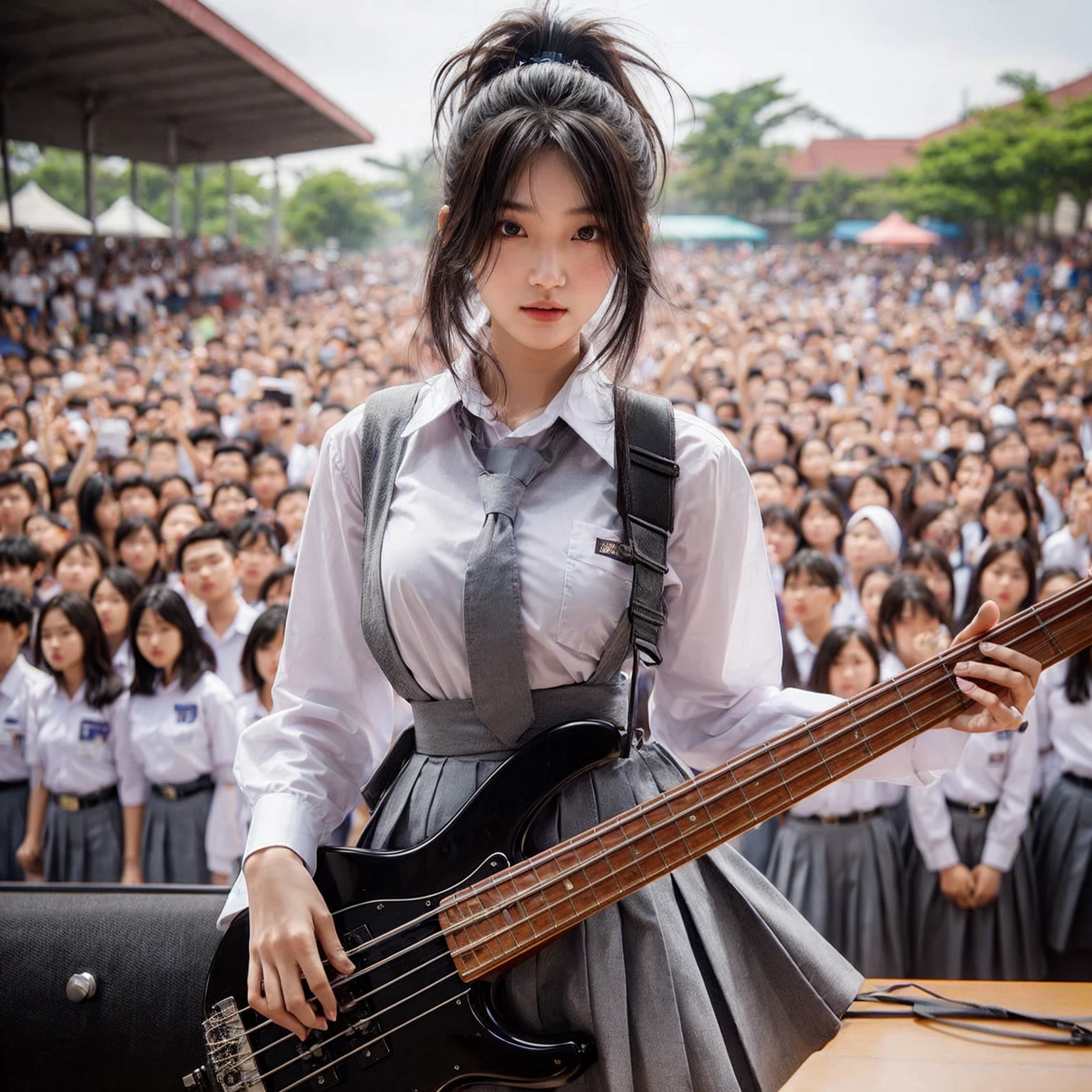 Here is the translation to English:

"A beautiful Korean girl, 18 years old, tall, fair-skinned, medium breasts, playing bass guitar, performing on a high school stage in Surabaya city, many school children watching, wearing a high , white shirt, belt, and gray skirt, jumping around, headbanging, masterpiece, realistic image, HD, 4k, detailed face, detailed eyes, messy hairstyle"