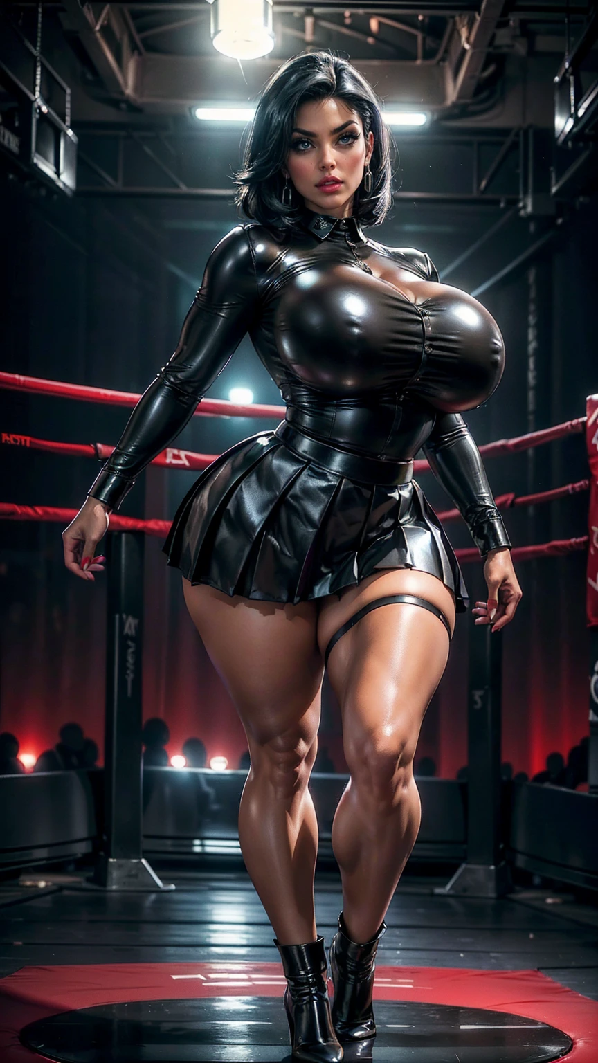 (masterpiece, Top quality, best quality, official art, beautiful and aesthetic: 1.2), ((curvy thicc mature Denise Milani:1.3)), beautiful supermodel face, ((black leather long-sleeved formal army shirt, buttoned up:1.5)), ((long black leather pleated skirt:1.5)), ((short, straight jet-black hair:1.4)), (tiny waist), ((thicc, thick thighs:1.5)), ((beautiful large green eyes):1.3), (intimidating pose in a boxing ring), (full-body portrait), (vivid colors), (metallic textures), (hot red lips, makeup:1.3), sexy fighter, prominent breasts, rock solid breasts, missile shaped breasts that defy gravity, short straight hair, straight jet-black hair, (full body portrait:1.3), big_boltedontits, boltedontits, sakimichan,