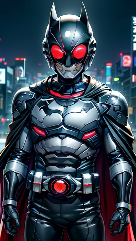 (8k),(masterpiece),(Japanese),(8--old ),((innocent look)),((Childish)),From the front,smile,cute,Innocent,Kind eyes,Flat chest,black helmet,black domino mask,Black cape,Batman,short,Black Hair,Strong wind,night,dark, Neon light cyberpunk city,Kamen rider,camisa