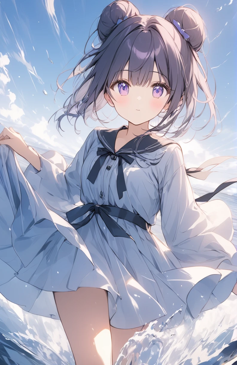 Very detailed、Very absurd、超High resolution, Attention to detail, high quality, High resolution, 最high quality, 4K, 8K,Clear drawing,deep violet hair color,hair bun,blunt bangs,(walking on water)