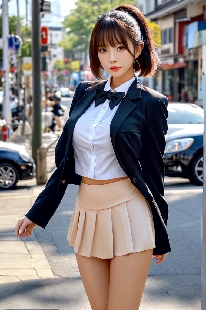 the most beautiful actress in the world, she is 18 years old, the perfect body proportions of this girl, just the lower than her crotch is fully exposed, just the upper than her crotch is fully covered, she is firmly wearing the blazer on the formal shirt, the bare skin of her large breasts are firmly covered by formal shirt under blazer, it's too difficult for the short skirt to cover the panties because it's too short, her bare thighs, the lower than her knees are out of this picture frame, her head is barely within this picture frame, only one description of this picture, at city street, standing, nsfw, best quality, highly detailed, masterpiece, ultra high res, photo realistic, 8k