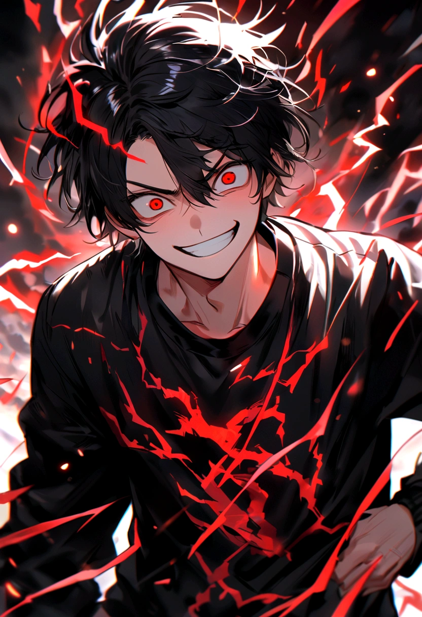 Man Long black hair black and white sweatshirt with red electricity on his body with a manic smile