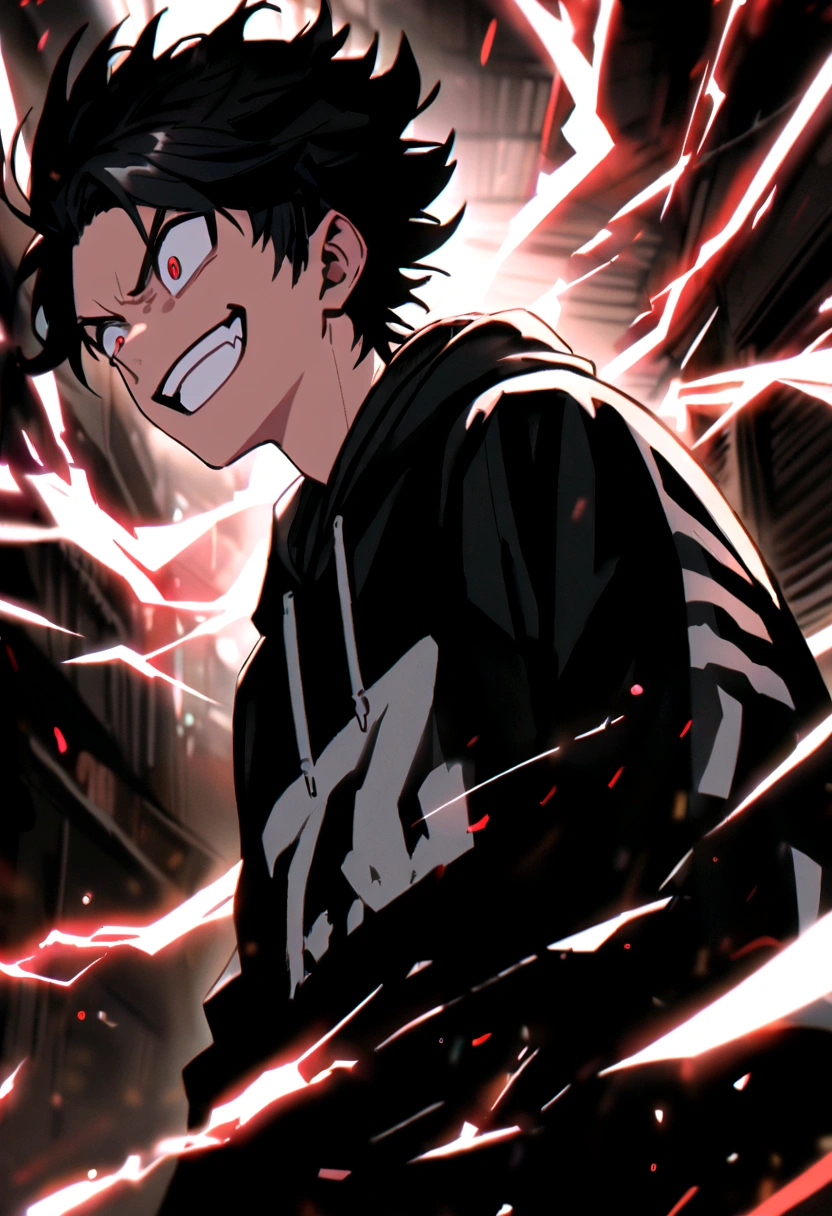 Man  Long black hair black and white sweatshirt with red electricity on his body with a manic smile
