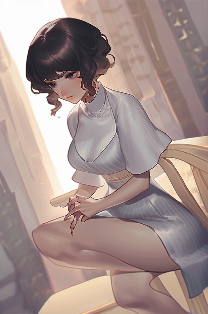 ((Лучшее качество)), ((шедевр)), (подробный), a mom with big bare breasts, with long black hair, sitting on a chair without panties and legs spread and gently thrusts her fingers into a creamy pussy