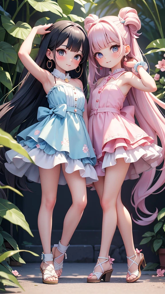 (((bishojo, two girls))), ((kawaii face)), ((kawaii eyes)), (masterpiece), (top quality), (hyper detailed), (exquisite), (depth), (crisp), (8k), (beautiful and aesthetic), (super detailed skin), (high standard), (high resolution), (perfect anatomy), ((full body)), (blush), (bare foot), (bow in hair), (armpits), (blunt bangs), (earrings), (strapless sleeveless dress), (summer coast), ((yuri)), (white, blue, black), (perfect hands)