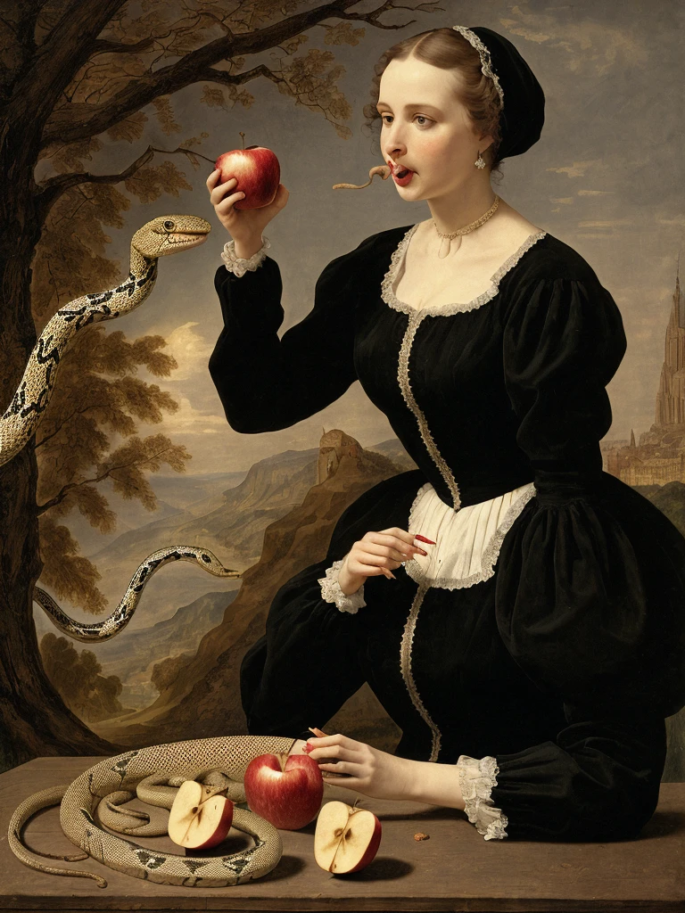 a woman (EVA) eating a Apple, with a Snake in the background im Paradies 
