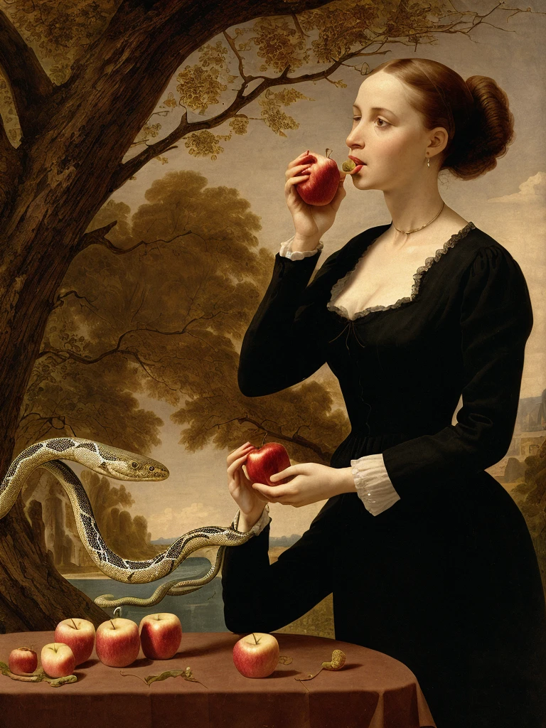 a woman (EVA) eating a Apple, with a Snake in the background im Paradies 
