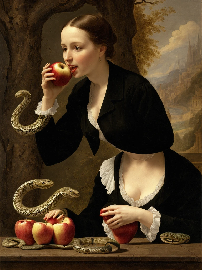 a woman (EVA) eating a Apple, with a Snake in the background im Paradies 
