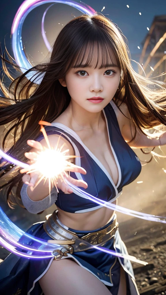 Raw photo, Very detailed, masterpiece, Highest quality, High resolution,
Eye highlights, , Private Photos, night, bangs, Fluttering Hair, Outdoor,
Break a girl , wearing a magic robe, Fight fiercely against enemies in a magical world. Her movements are agile, A glowing magic circle spreads around her as she casts the spell.、The skirt sways and sparkles. A mass of energy resides in front of her hand., What was laid out before her. Quick and precise action々and defeat the enemy.、Powerful and beautiful dance-like combat. Her eyes and strong will are reflected in her magic., Shaking the air around her.
The background is beautifully blurred. The effect of highlighting the beauty and emotion of a person.