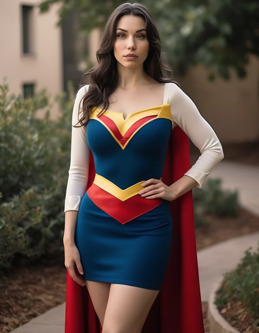 professional portrait photo of Grccrlncrry woman, looking at the camera, highly detailed, skin texture, huge breasts, curvy body, short skirt, cosplaying as Mary Marvel.