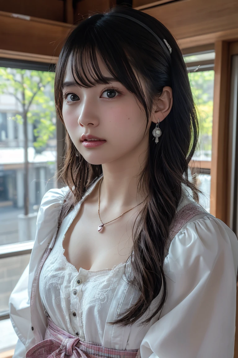 (Highest quality:1.4),(masterpiece:1.4),(Realistic:1.4),(Realistic:1.2),(超High resolution, RAW Photos:1.4),(High resolution, Ultra-detailed:1.2),(8K:1.2),View your viewers,Cinematic photography,One girl,skeletally correct,Black-haired woman,(Small earrings,necklace,Pink Sweet ta,View from the front),(Western-style building interior,Dimly lit room,The lamplight shines on my cheeks)