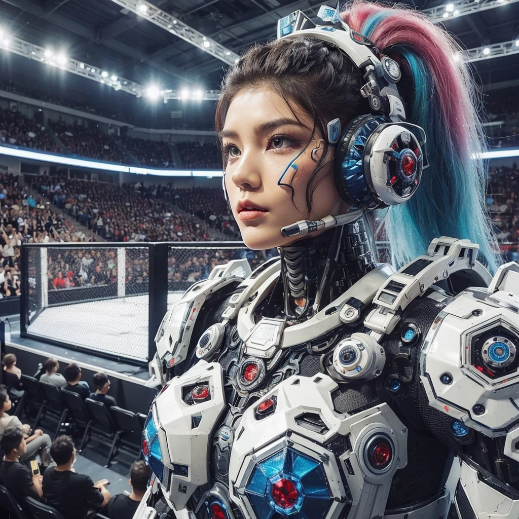  (POV). The beautiful (nations) mecha mma-fighter lady with (hairstyle), (head ornament), big-headphone. She is wearing (colouring) mecha (dress type) heavy mma-combat armor. Standing in the octagon ring with surrounded by spectators