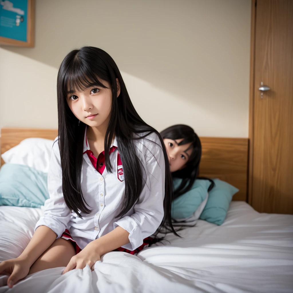 A bright and innocent high school girl with long black hair and a straight nose is looking at me from her bed.