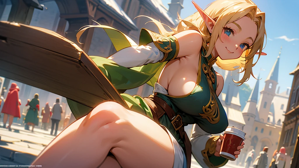 Anime Style,Nostalgic,Detailed background,The medieval world,A bustling square with many people,Beautiful elf girl holding a smiling bard coffee,Large Breasts,Healthy thighs,Underarm