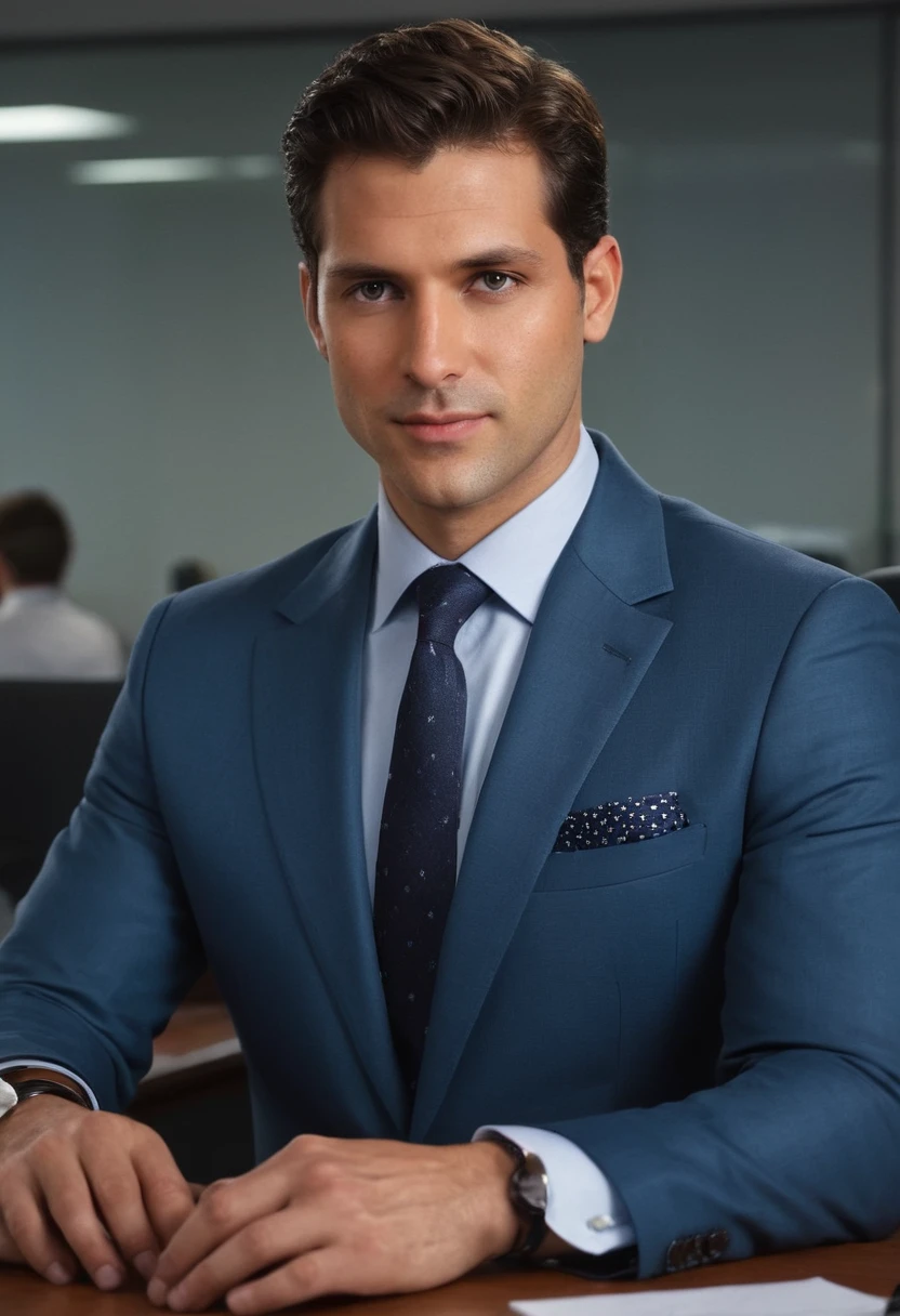 (8K), (Best quality) , (best details), (ultra realistic), (high resolution), (Masterpiece:1.2), (UHD), portrait, res, Robust construction,Vivid colors,Soft lighting, Subtle shadows, vibrant color palette. The office is filled with a buzz of activity as the businessman, tailored in blazer attire, sits at his desk, surrounded by cutting-edge technology. His eyes focused to front, slightly smile