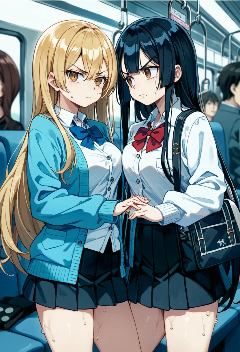 2girls,{{{white cardigan,black mini skirt}}{{gokou ruri,blonde hair,long hair{{yellow eyes}}{{white cardigan,black mini skirt,red bowtie}},{{upper memory,dark hair,long hair{brown eyes},{{blue cardigan,black mini skirt,Blue tie}}}},People Girls,Frowning,,Starring each other,Face to face,Medium chest,Medium chest,Glaring at each other,Glaring at each other,Mouth half open,sweaty,Breast Matching,blurry background,little angry,{{symmetrical_docking}}Mouth half open,sweaty,blurry background,little angry,{{symmetrical_docking}},{{in train interior}},topless