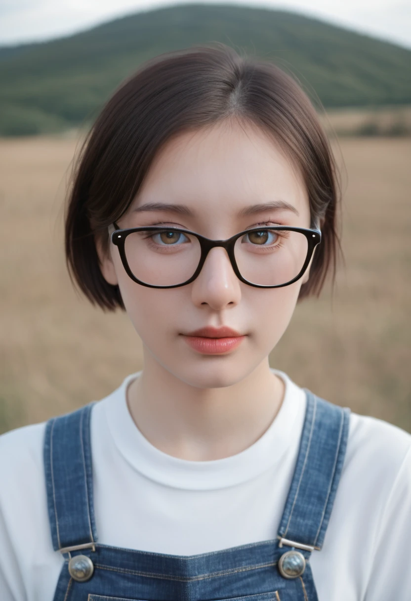 1 girl with glasses, short hair, overalls, beautiful detailed eyes, beautiful detailed lips, extremely detailed face, long eyelashes, in a sunlit field, vibrant colors, cinematic lighting, (best quality,4K,8K,highres,masterpiece:1.2),ultra-detailed,(realistic,photorealistic,photo-realistic:1.37),digital art, landscape, soft focus, warm tones, natural scenery，One-piece colored socks，is wearing glasses