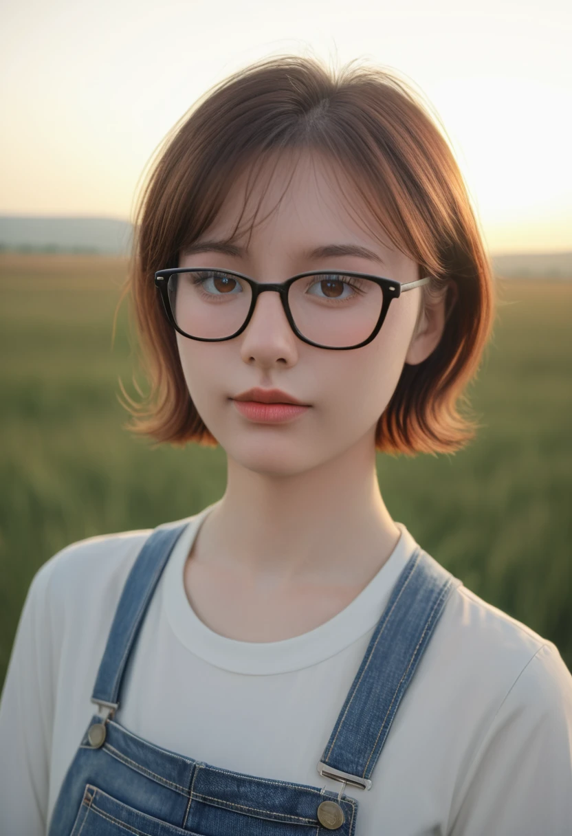 1 girl with glasses, short hair, overalls, beautiful detailed eyes, beautiful detailed lips, extremely detailed face, long eyelashes, in a sunlit field, vibrant colors, cinematic lighting, (best quality,4K,8K,highres,masterpiece:1.2),ultra-detailed,(realistic,photorealistic,photo-realistic:1.37),digital art, landscape, soft focus, warm tones, natural scenery，One-piece colored socks，is wearing glasses