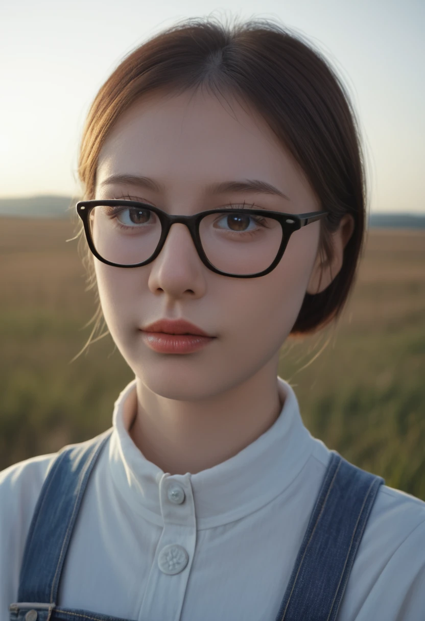 1 girl with glasses, short hair, overalls, beautiful detailed eyes, beautiful detailed lips, extremely detailed face, long eyelashes, in a sunlit field, vibrant colors, cinematic lighting, (best quality,4K,8K,highres,masterpiece:1.2),ultra-detailed,(realistic,photorealistic,photo-realistic:1.37),digital art, landscape, soft focus, warm tones, natural scenery，One-piece colored socks，is wearing glasses