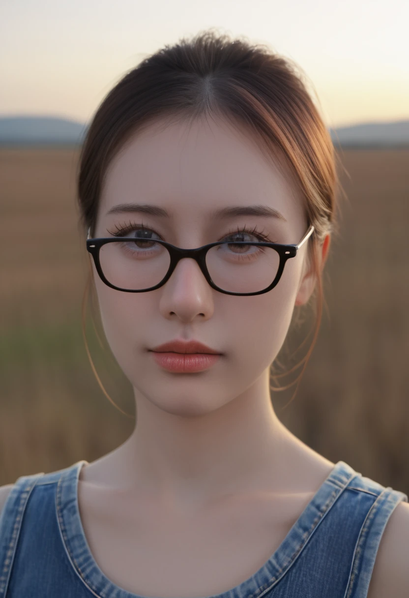 1 girl with glasses, short hair, overalls, beautiful detailed eyes, beautiful detailed lips, extremely detailed face, long eyelashes, in a sunlit field, vibrant colors, cinematic lighting, (best quality,4K,8K,highres,masterpiece:1.2),ultra-detailed,(realistic,photorealistic,photo-realistic:1.37),digital art, landscape, soft focus, warm tones, natural scenery，One-piece colored socks，is wearing glasses