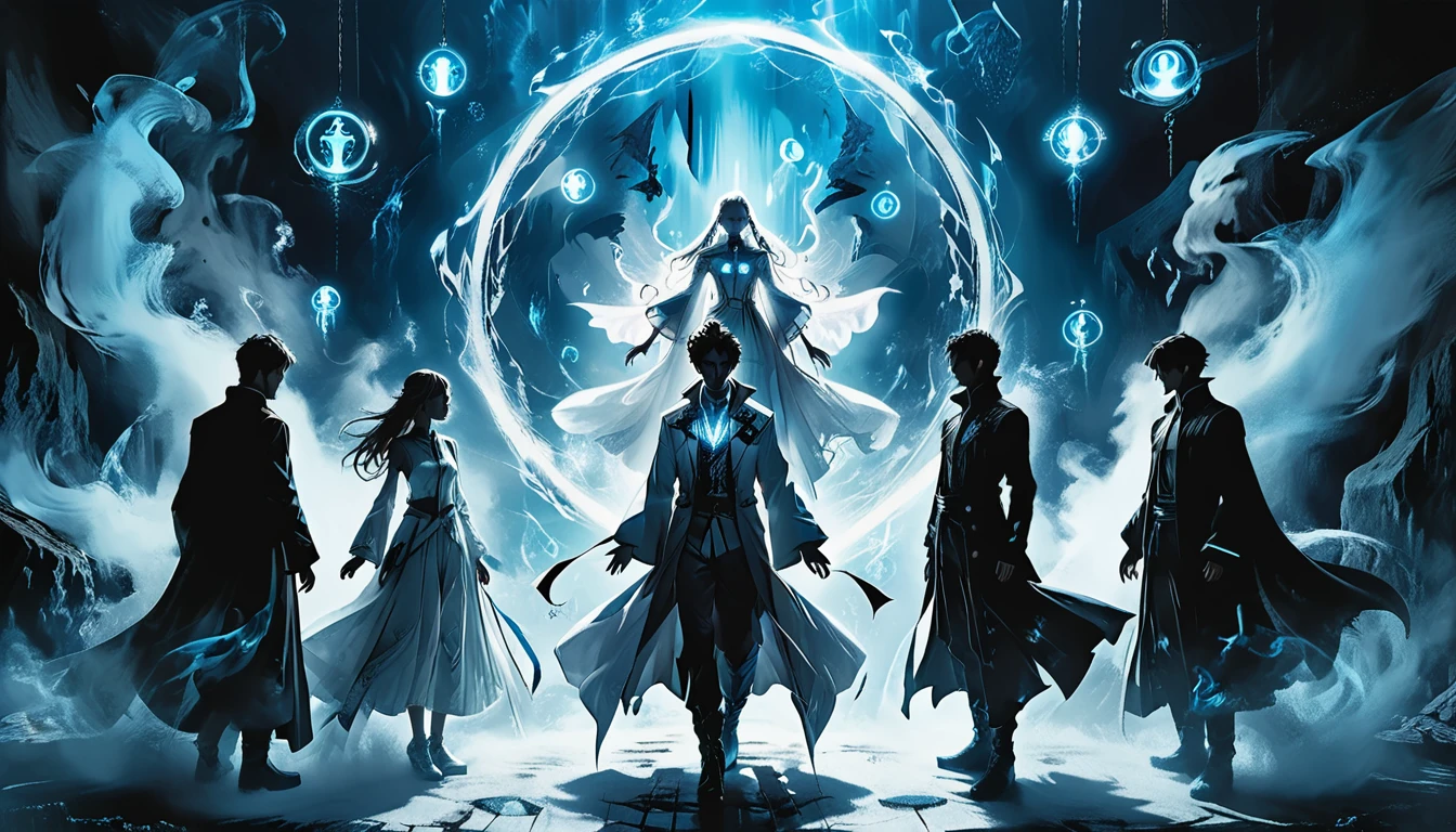 (masterpiece, best quality), (multiple characters, group, floating, glowing blue circle), (male and female characters, various poses, different outfits), (magical symbols, summoning circle, ethereal light), (anime style, detailed characters, dynamic composition), (high contrast, blue and white color scheme, mystical atmosphere), (dramatic lighting, diverse characters, futuristic setting), (action scene, intense, vibrant)
