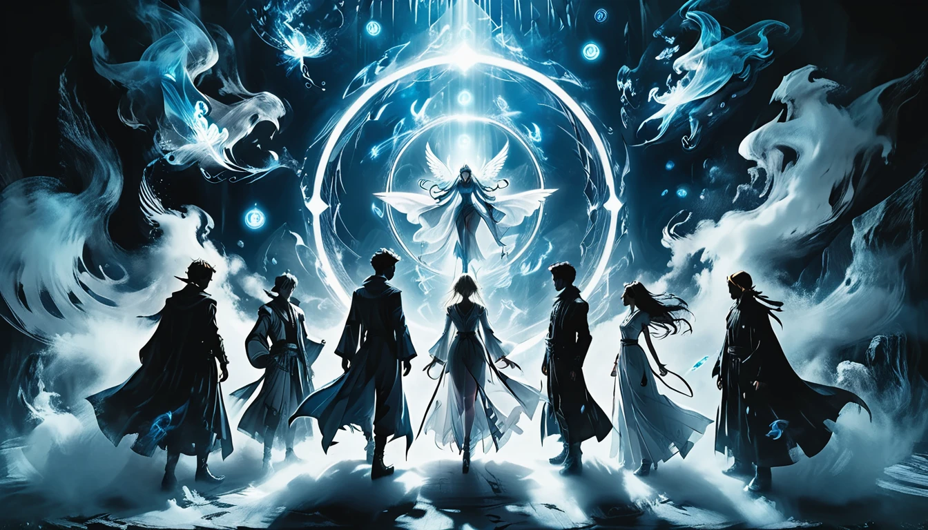 (masterpiece, best quality), (multiple characters, group, floating, glowing blue circle), (male and female characters, various poses, different outfits), (magical symbols, summoning circle, ethereal light), (anime style, detailed characters, dynamic composition), (high contrast, blue and white color scheme, mystical atmosphere), (dramatic lighting, diverse characters, futuristic setting), (action scene, intense, vibrant)
