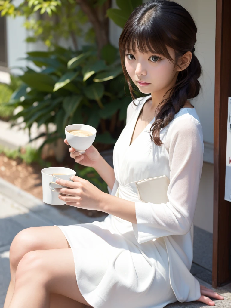 Ruri Hoshino　White dress　Holding a cup　Run over here